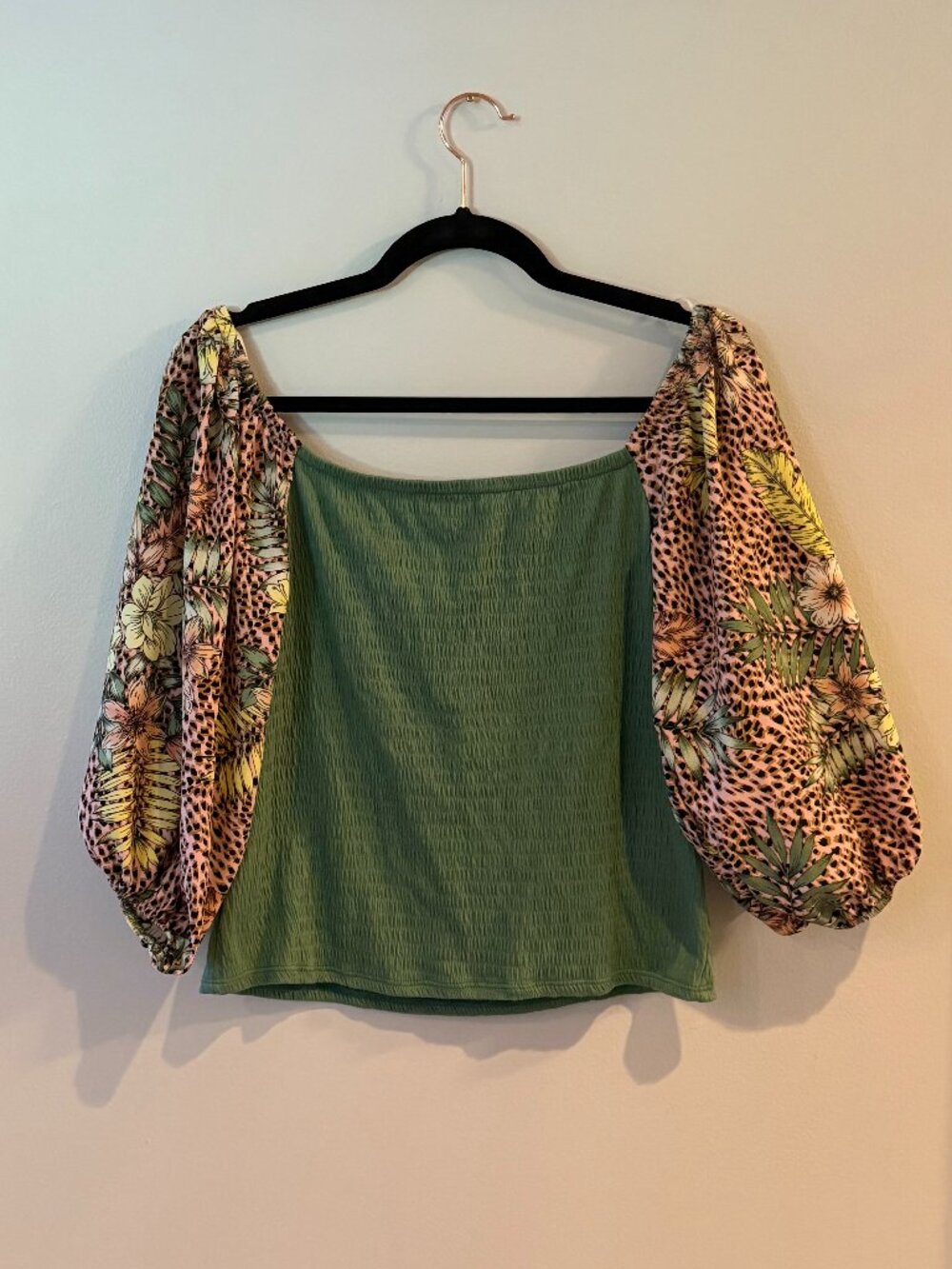 NWT Anthropologie W Smocked Mixed Print Puff Sleeve Top Olive Petite Small PS